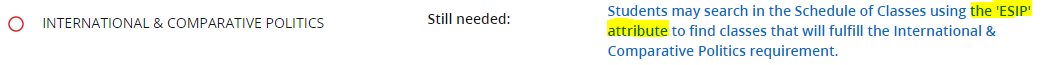Screenshot of DegreeMAP requirement showing Course Attribute note