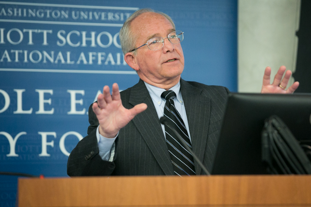 Ambassador Skip Gnehm speaks at an Elliott School event
