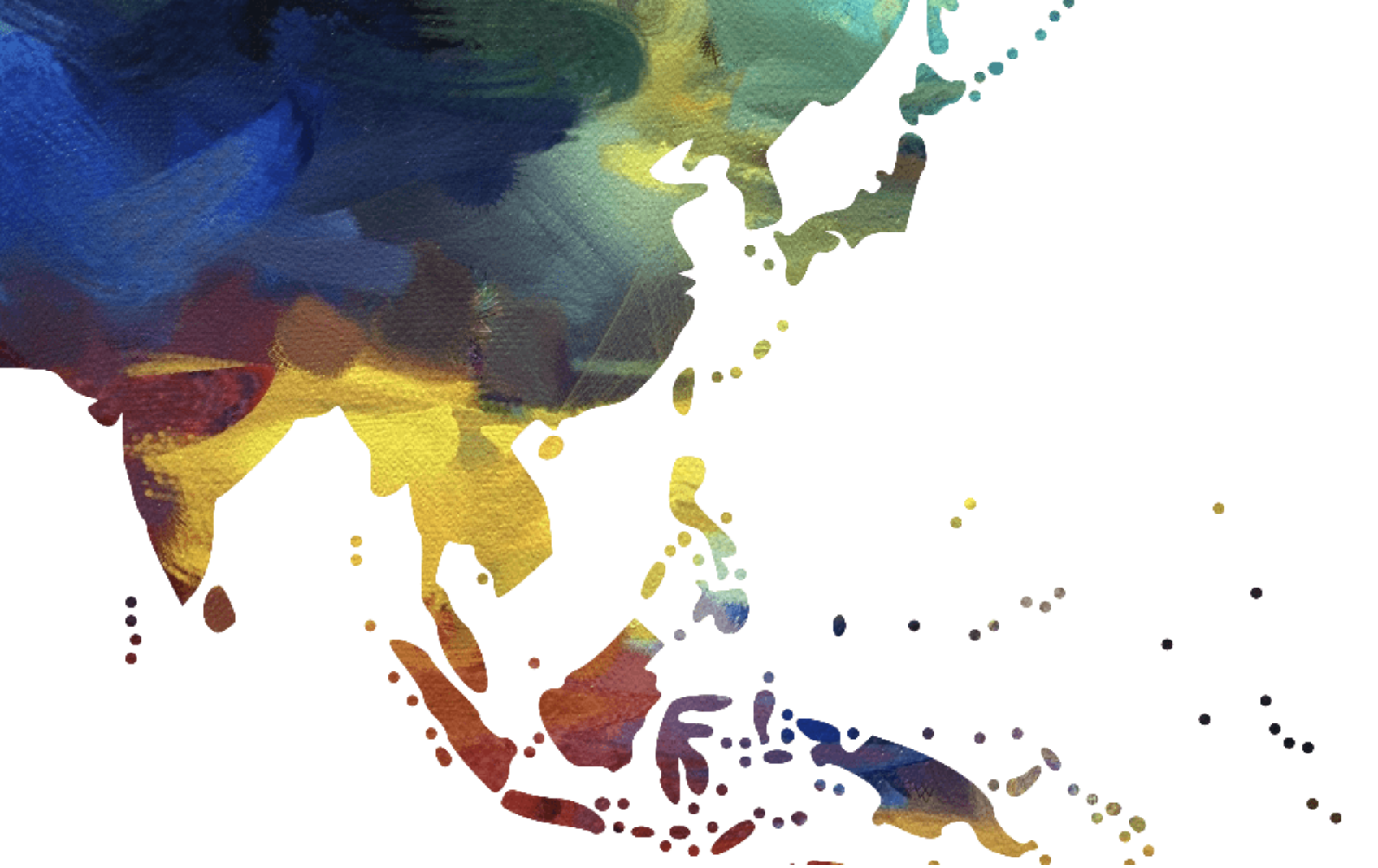 A rainbow watercolor graphic of Asia. It is cropped to be a two thirds view in the lower right of the country.