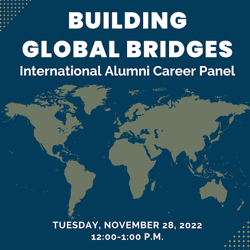 Building Global Bridges: International Alumni Career Panel, Time info, picture of a map 