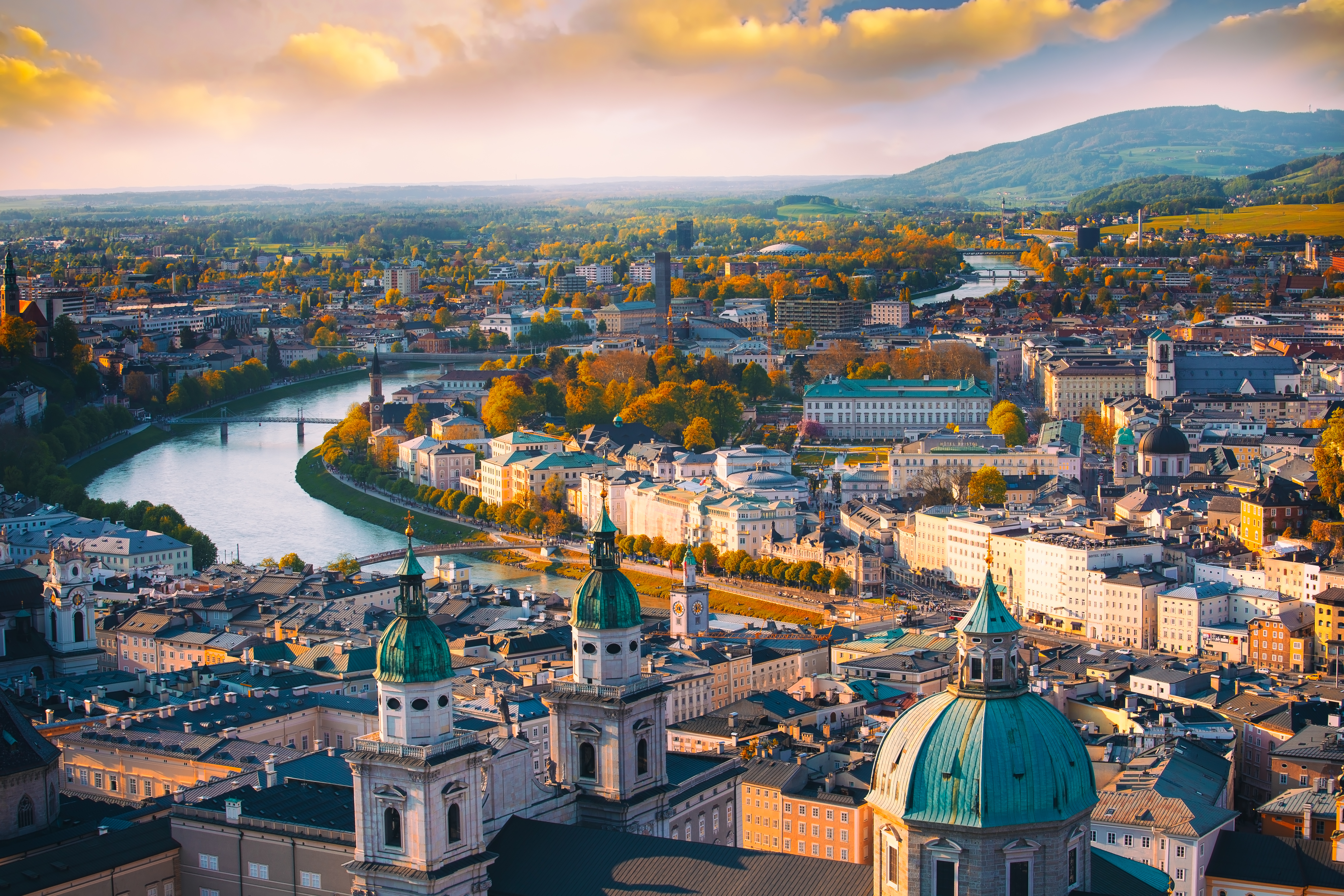 Aerial panoramic view in a Autumn season at a historic city of Salzburger Land, Austria