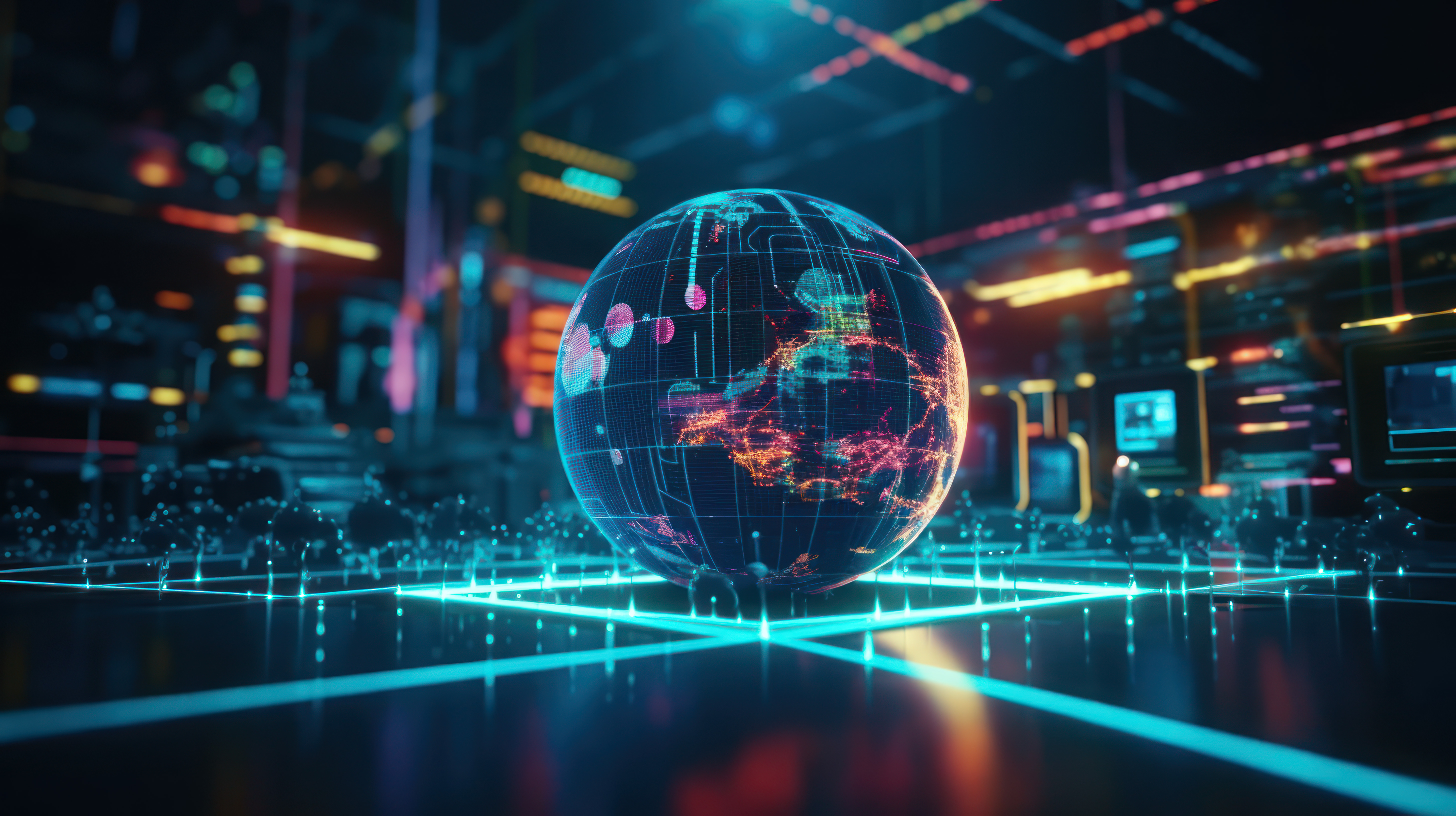 Metaverse digital world cyber space background, neon colorful global world in cyber space, future energy power technology and internet connection concept.