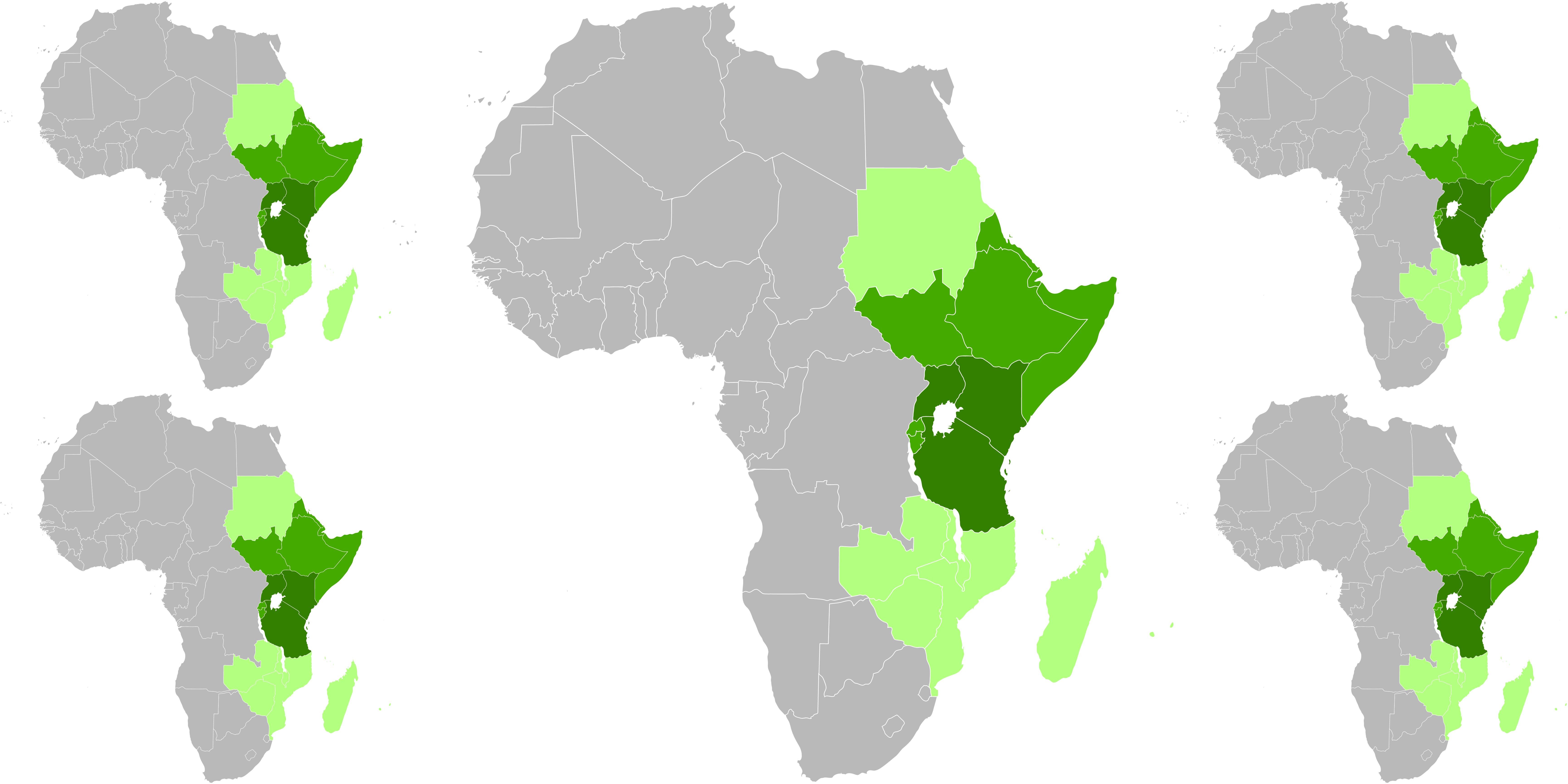 Continent of Africa, with East African countries highlighted in green.