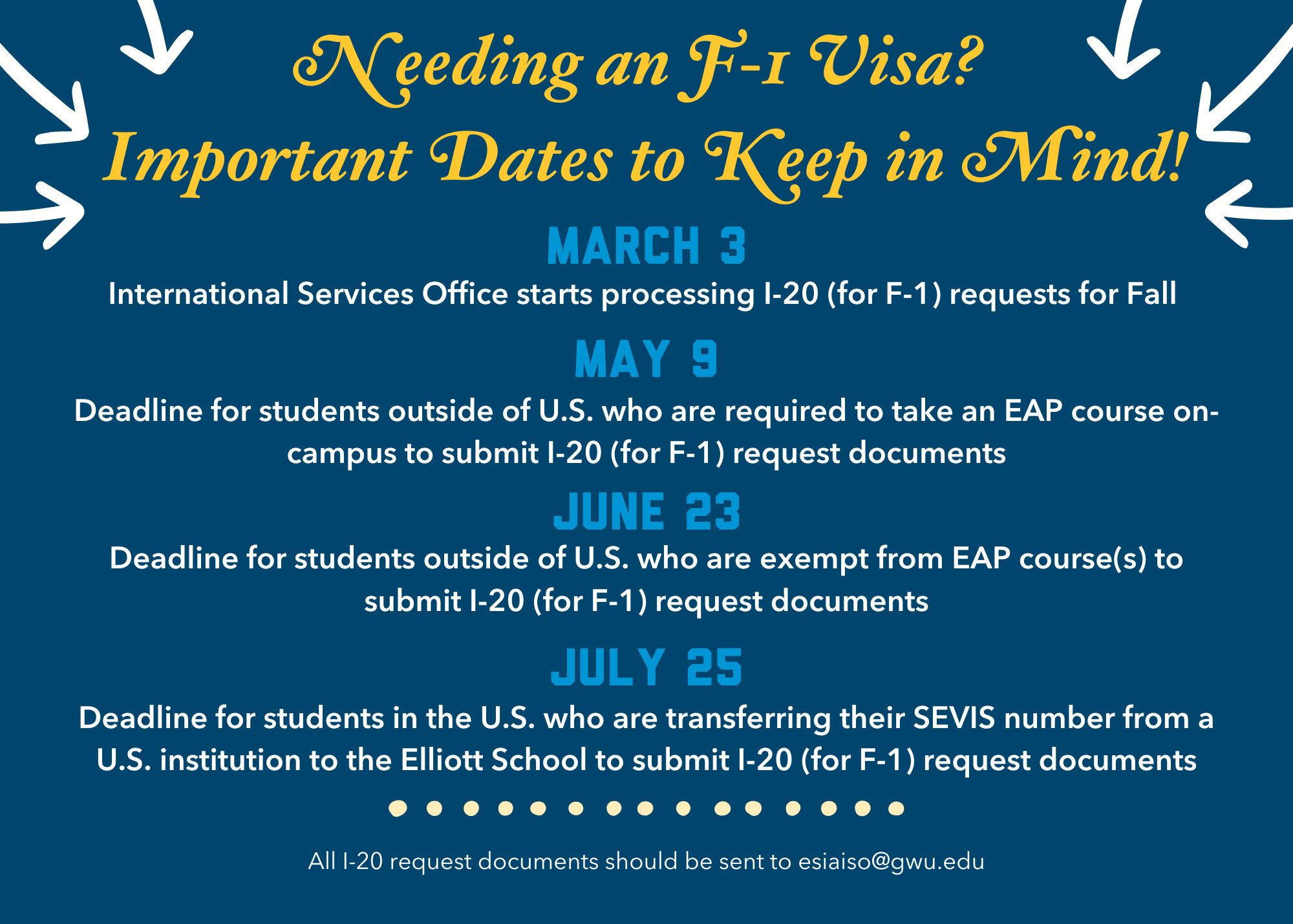 Needing an F-1 Visa? Important Dates to Keep in Mind! March 3: International Services Office starts processing i-20 (for F-1) requests for Fall. May 9: Deadline for students outside of the U.S. who are required to take an EAP course on-campus to submit I-20 (for F-1) request documents. June 23: Deadline for students outside of U.S. who are exempt from EAP course(s) to submit I-20 (for F-1) request documents. July 25: Deadline for students in the U.S. who are transferring their SEVIS number form a U.S. insti