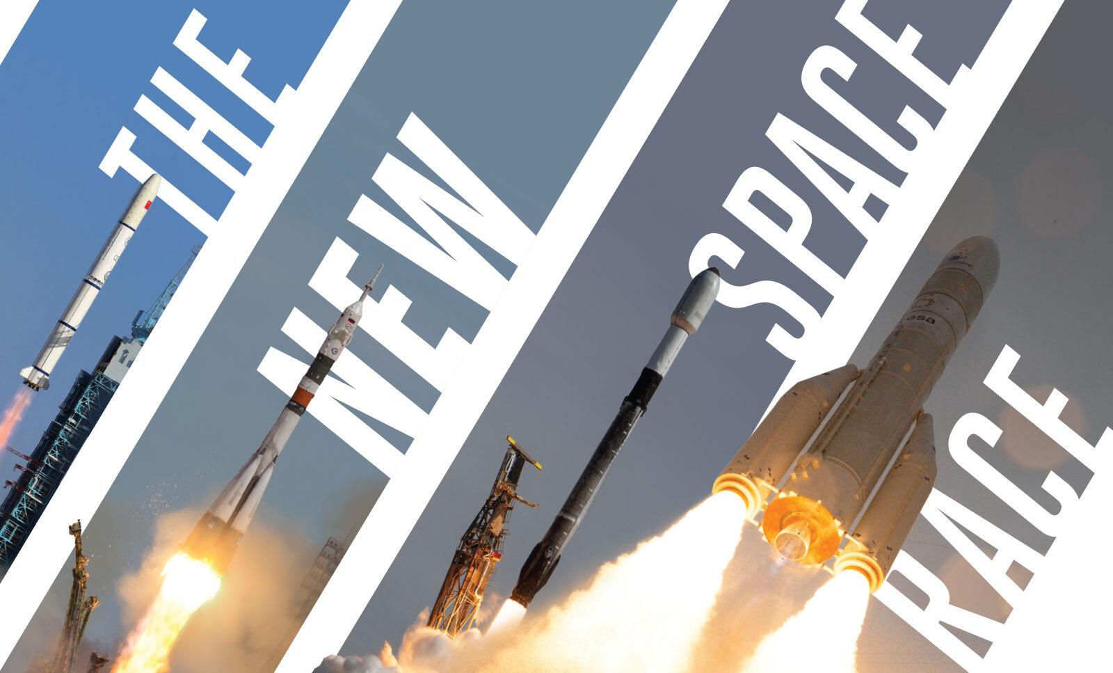 Rockets firing with graphics in the background reading: The New Space Race