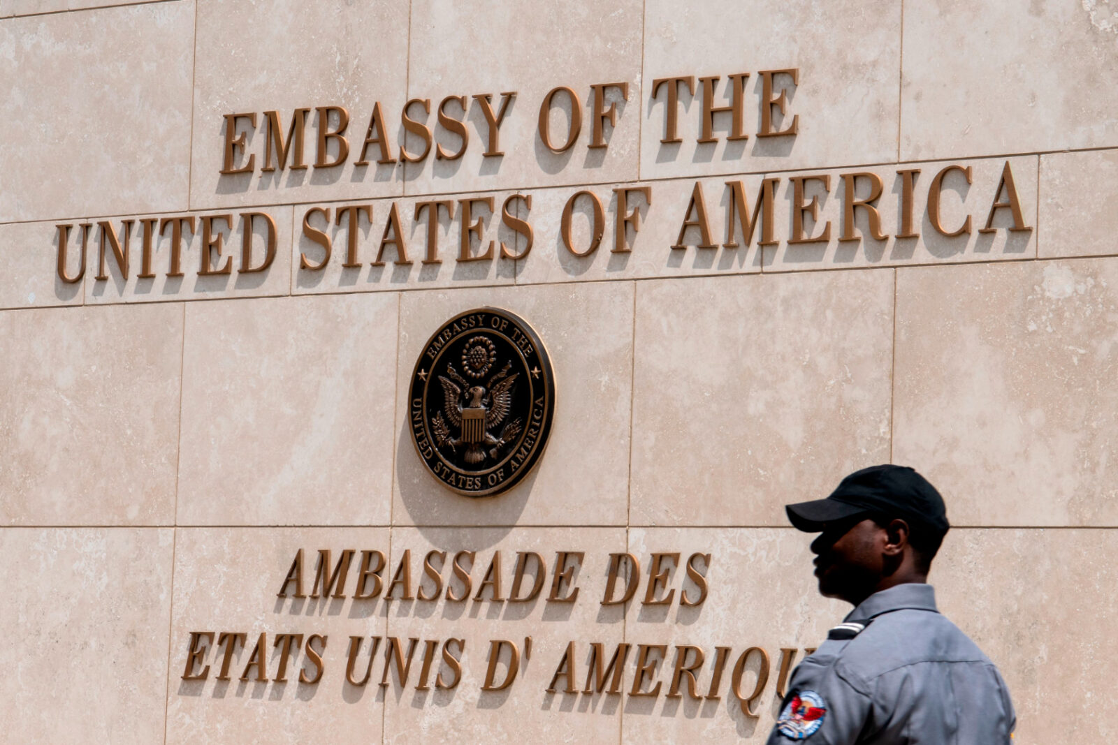 Haitian security personnel guard outside the US Embassy in the Haitian capital Port-au-Prince.