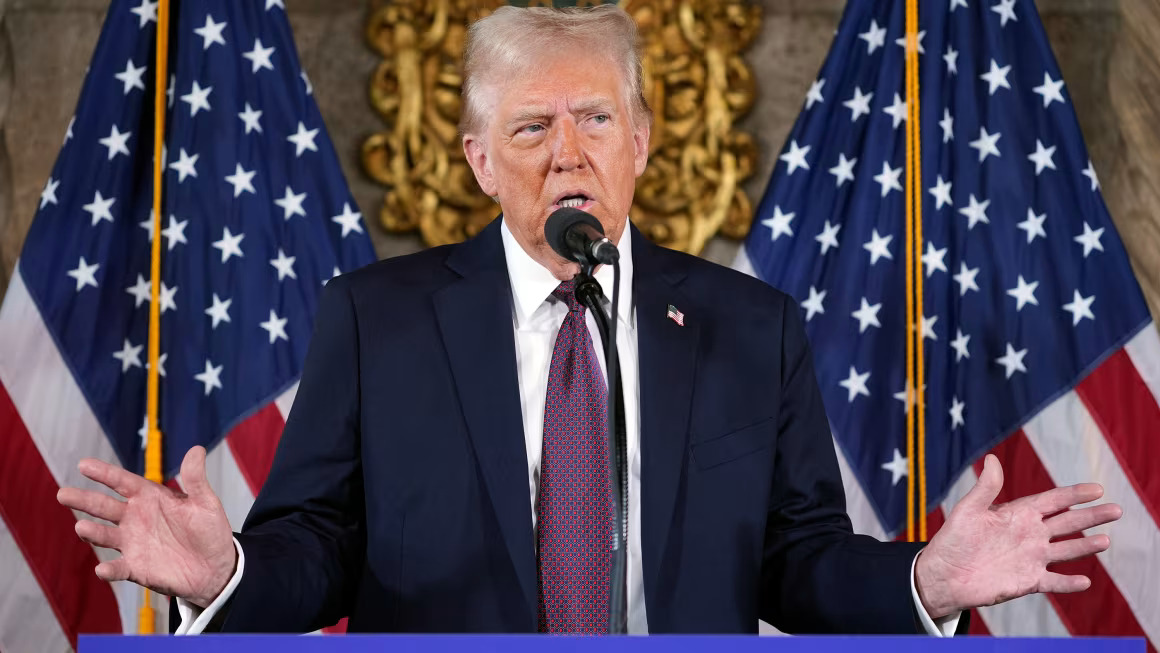 President-elect Donald Trump speaks during a news conference at Mar-a-Lago, on January 7, 2024, in Palm Beach, Florida. 