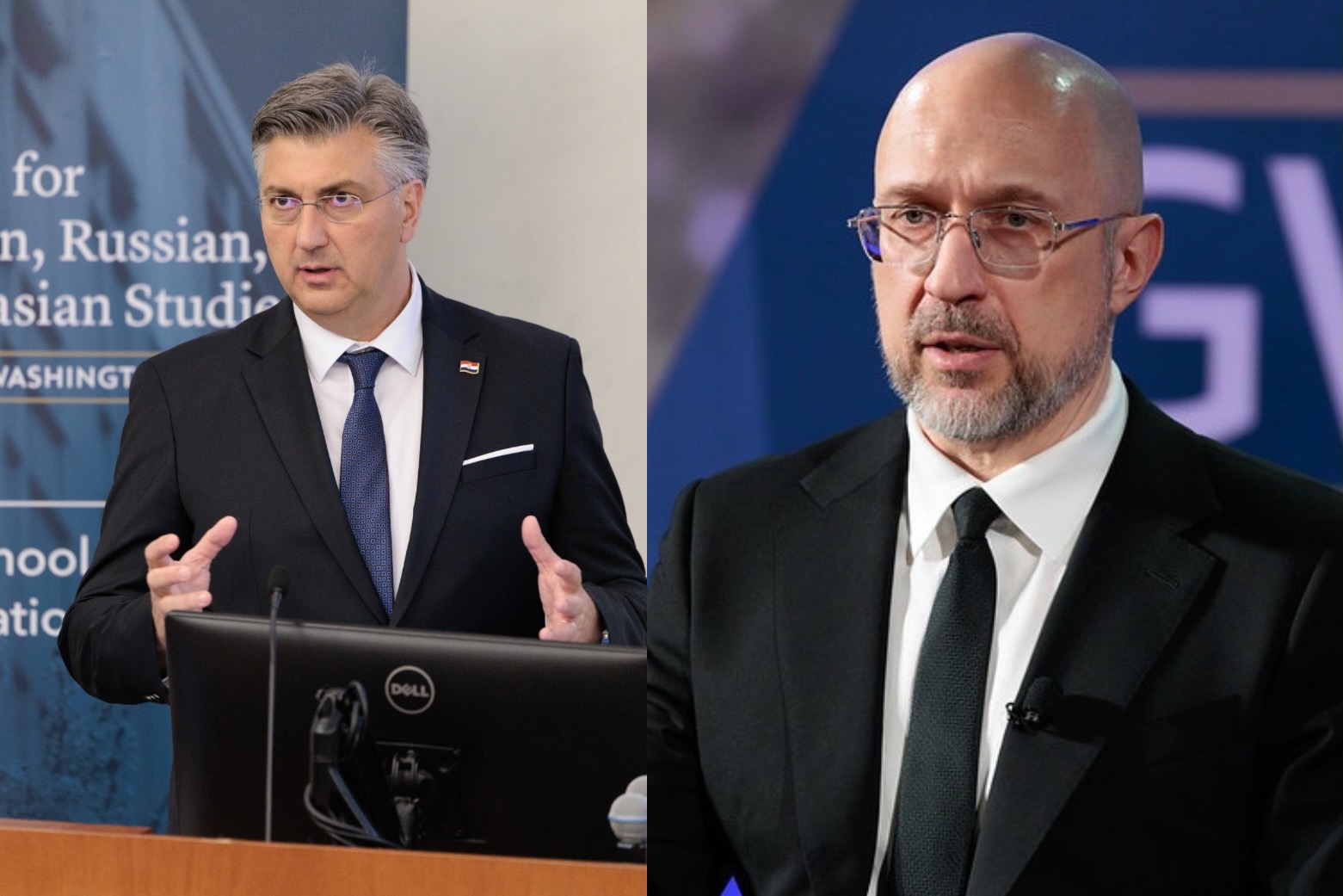 Images of Prime Minister Andrej Plenković (left) and Ukrainian Prime Minister Denys Shmyhal (right) offering remarks at separate events at the Elliott School.