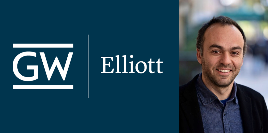 Headshot of Associate Professor Harris Mylonas next to "GW | Elliott" logo.