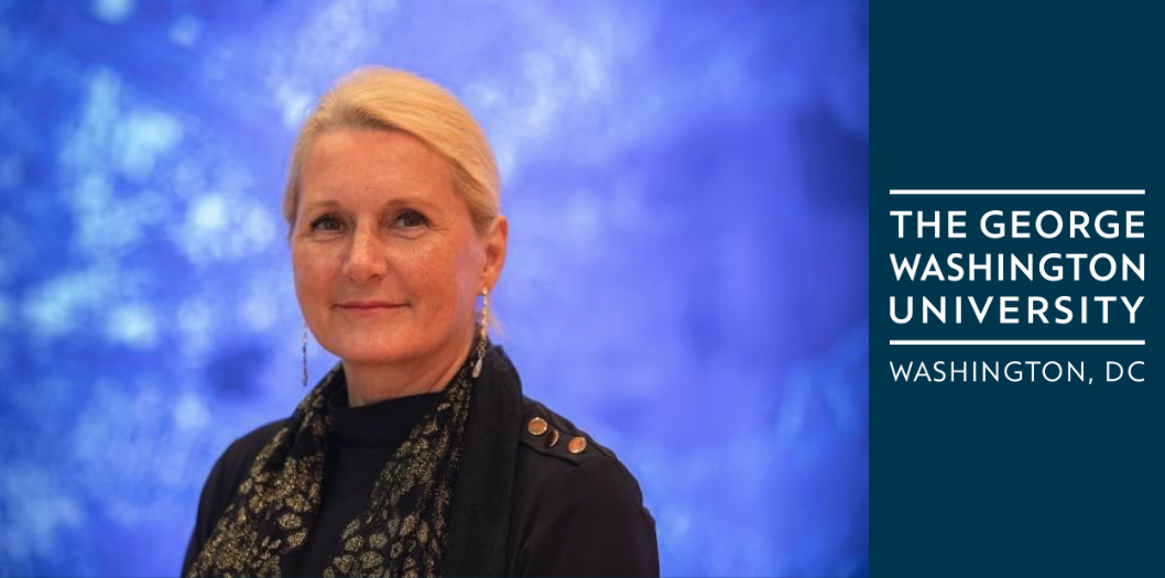 Image of Research Professor Pascale Ehrenfreund next to a logo with the text "The George Washington University Washington, DC"