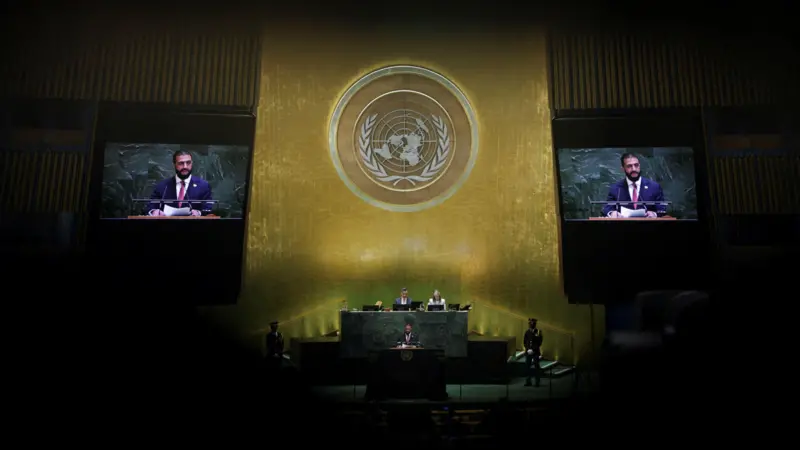 Syrian Transitional President Ahmad al-Sharaa delivers a speech before the UN General Assembly in New York.