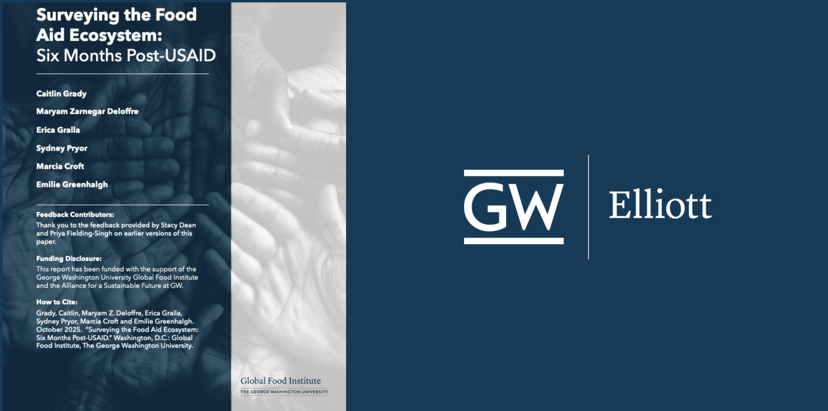 Surveying the Food Aid Ecosystem: Six Months Post-USAID, Authored by Caitlin Grady, Maryam Zarnegar Deloffre, Erica Gralla, Sydney Pryor, Marcia Croff, and Emily Greenhalgh. GW | Elliott