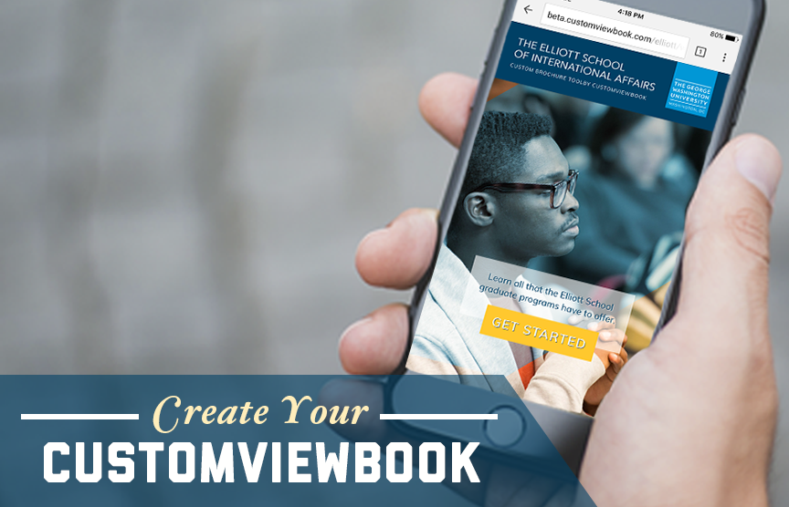 Photo: hand holding a phone with the browser showing the customviewbook website. Text in the bottom left corner reads "Create your customviewbook"