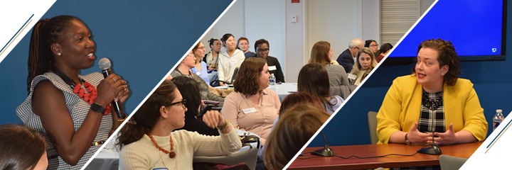 Three-image banner containing a photo of a global gender policy student speaking at an event, photo of a GEIA event crowd, and a photo of an event speaker sitting at a panel
