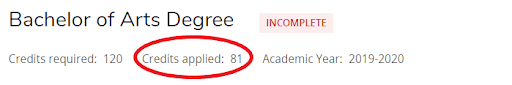 Screenshot of an example of the "credits applied" field next to the "credits required" field in DegreeMAP