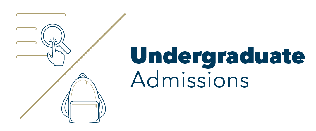 graphic: text, Undergraduate Admissions, a drawing of a magnifying glass over four lines representing text and a finger over the glass indicating clicking, a diagonal line and then a drawing of a backpack. 