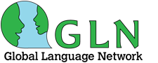 GLN logo: Global Language Network, illustration of a speech bubble that looks like a globe with two people speaking