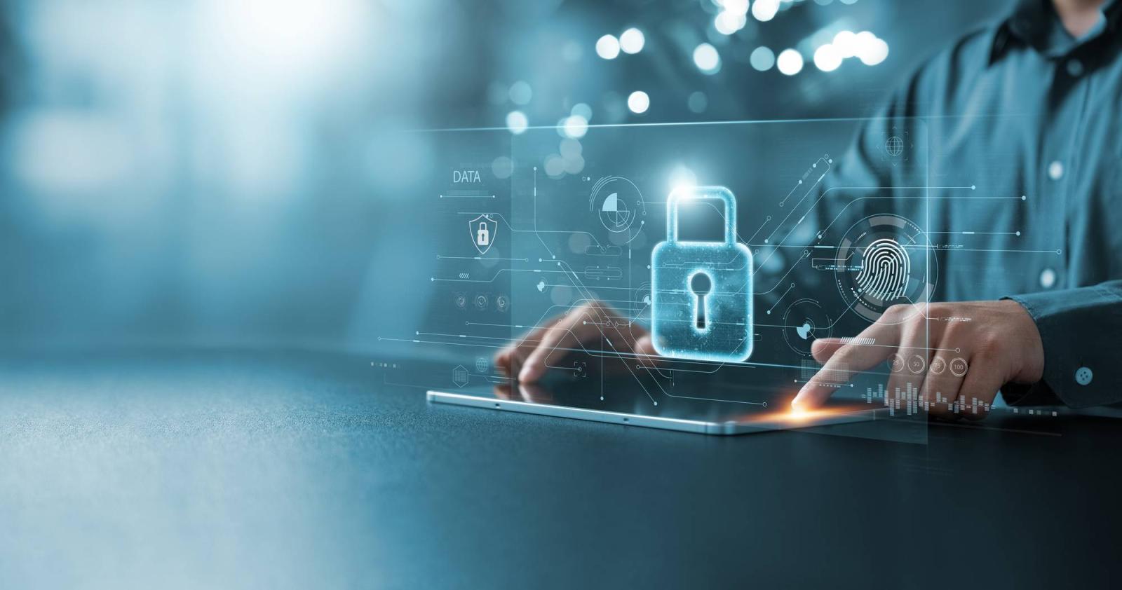 Person typing on a keyboard and displaying a lock symbol