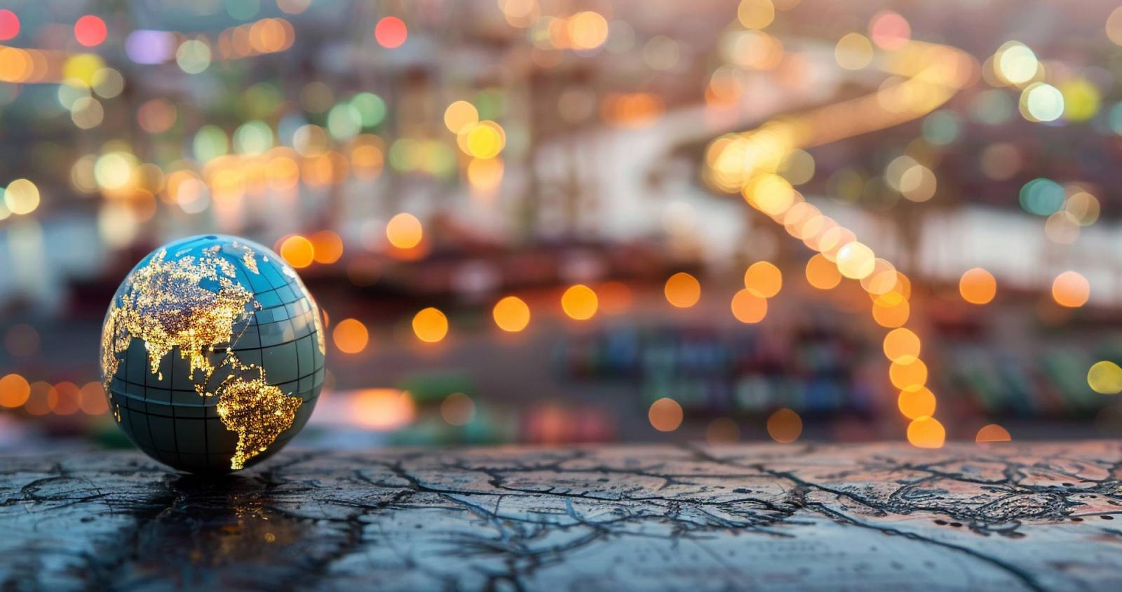Globe sitting on a ledge overlooking city lights