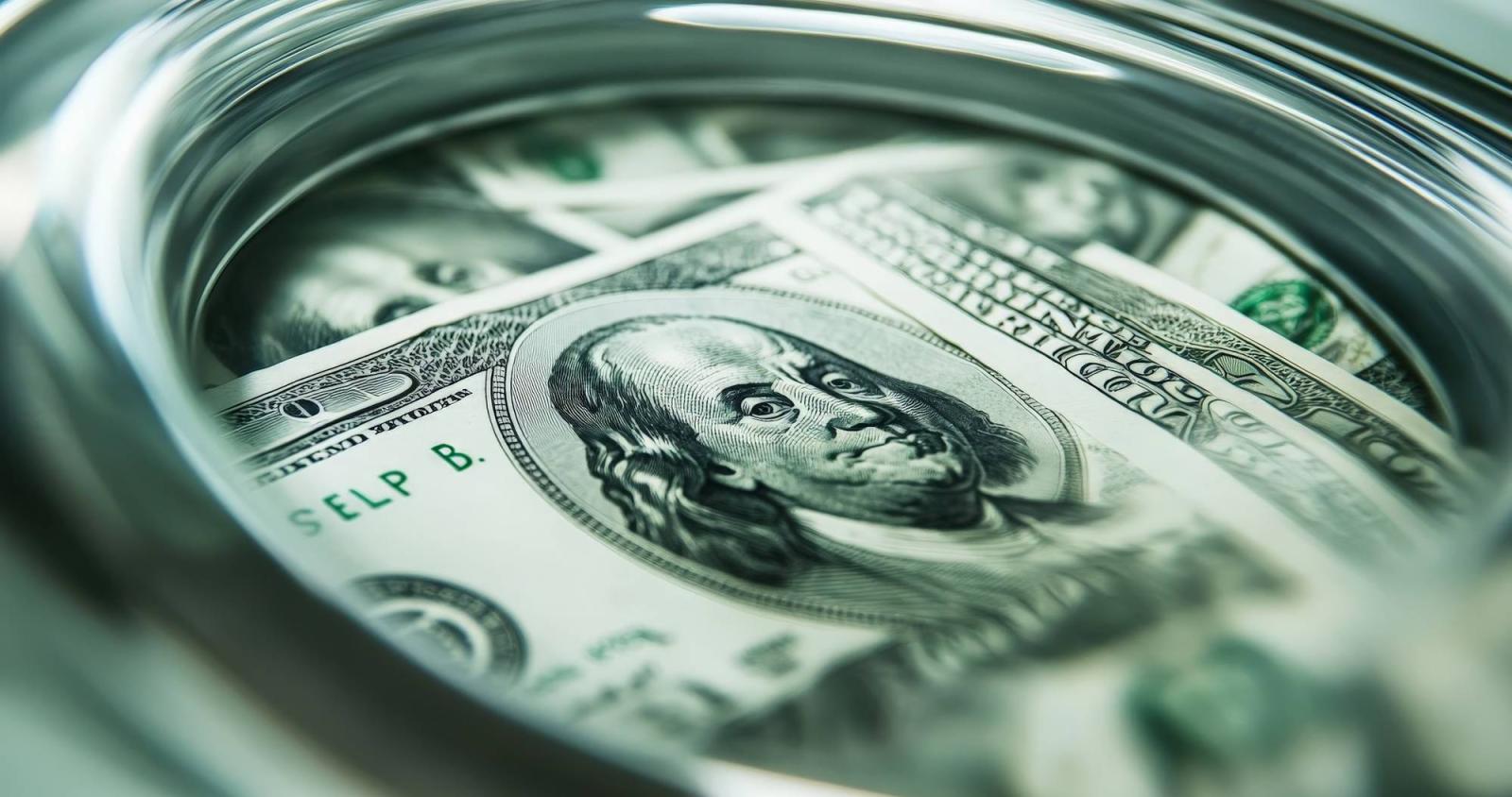 Hundred dollar bill looked at through magnifying glass