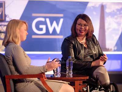 Tammy Duckworth, an ESIA alumna, speaks at an Elliott School event