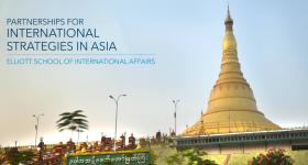 Partnerships for International Strategies in Asia large text over top an image of The Grand Palace in Thailand 