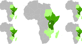 Continent of Africa, with East African countries highlighted in green.