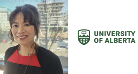 Photo of Professor Alexa Alice Joubin next to University of Alberta logo