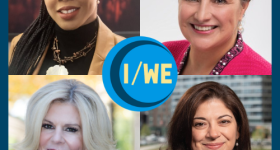 Graphic with headshots for the 4 I/WE panelists