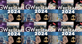 Six repeating collages of research related images with text: GW Research 2024
