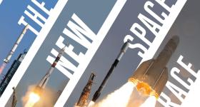 Rockets firing with graphics in the background reading: The New Space Race