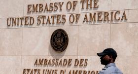 Haitian security personnel guard outside the US Embassy in the Haitian capital Port-au-Prince.