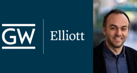 Headshot of Associate Professor Harris Mylonas next to "GW | Elliott" logo.