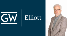 Photo of Professor Nathan Brown next to text reading: "GW | Elliott."