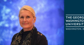 Image of Research Professor Pascale Ehrenfreund next to a logo with the text "The George Washington University Washington, DC"